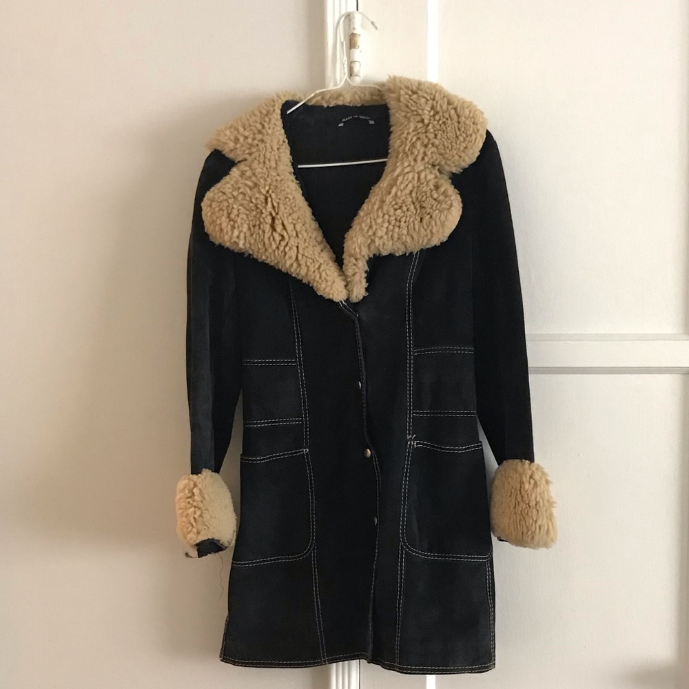 Vintage 1970s Blue Suede Fur Collar Jacket